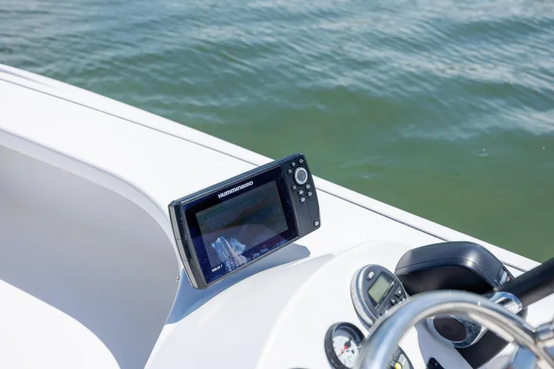 Slide: The Image of Boat dashboard with Humminbird fish finder on Bomb Island 160 SC, 2018 model. - 12
