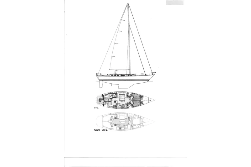 Slide: The Image of Blueprint of 1986 Beneteau Idylle 15.50 sailboat, showing side and top views. - 2