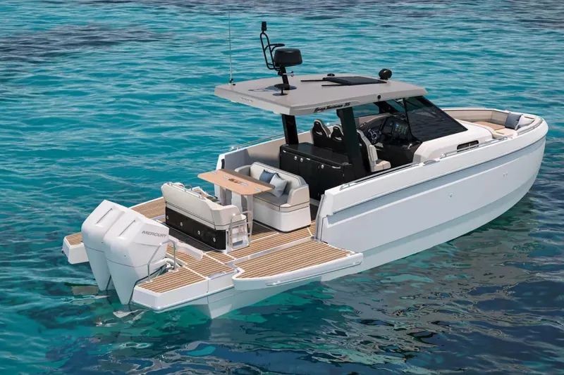 Slide: The Image of 2026 Beneteau Grand Turismo 35 luxury boat on clear blue water. - 3