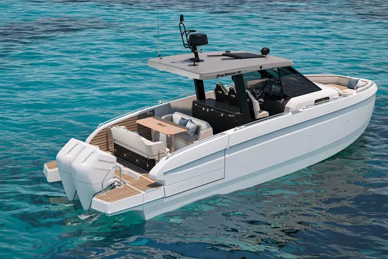 Slide: The Image of 2026 Beneteau Grand Turismo 35 yacht on clear blue water, showcasing sleek design and luxury features. - 6