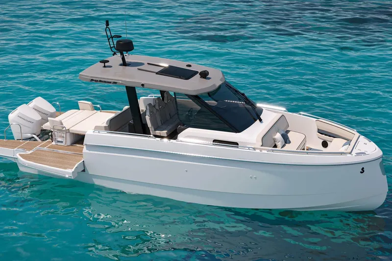 Slide: The Image of 2026 Beneteau Grand Turismo 35 yacht on clear blue water, showcasing sleek design. - 7