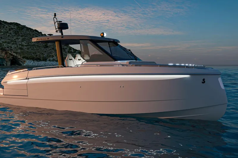 Slide: The Image of 2026 Beneteau Grand Turismo 35 yacht at sunset, sleek design, calm waters. - 8