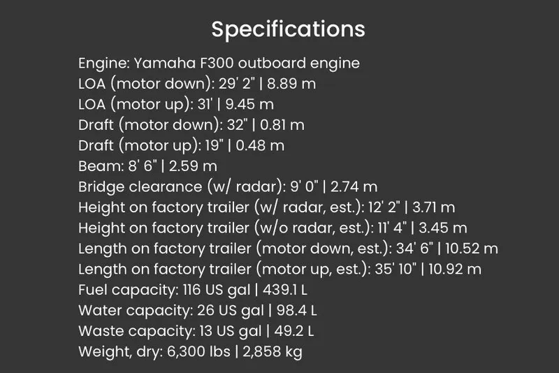 Slide: The Image of Specifications for 2020 Solara S-250 CW boat with Yamaha F300 engine. - 35