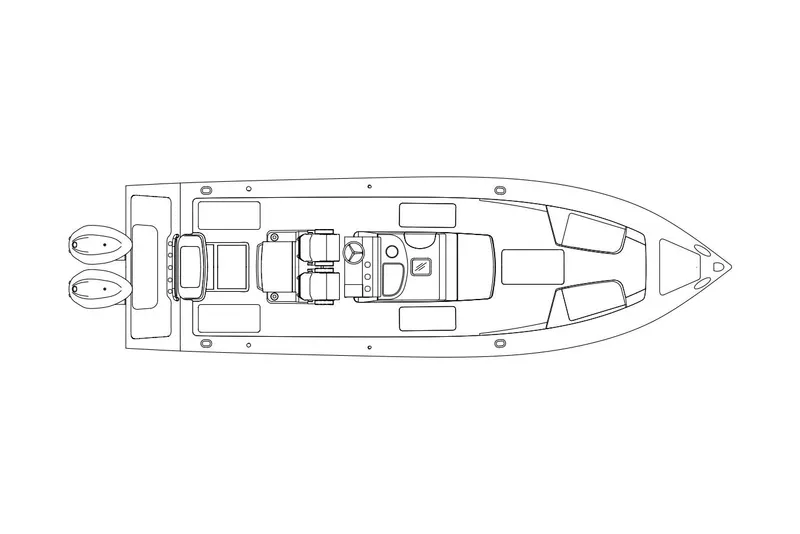Slide: The Image of Manufacturer Provided Image: Top view schematic of a 2026 Jupiter 32 boat layout with dual engines. - 9