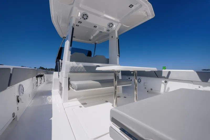 Slide: The Image of Schaefer V33SF 2027 boat with modern interior and blue sky. - 30