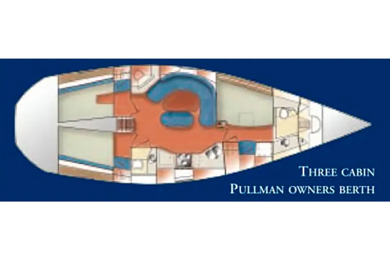 Slide: The Image of Floor plan of 2006 Catalina 42 MkII sailboat with three cabins and Pullman owner's berth. - 2
