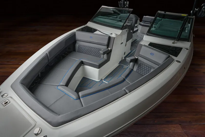 Slide: The Image of Manufacturer Provided Image: 2025 Cobalt R33 Surf boat interior with luxurious seating and modern design. - 25