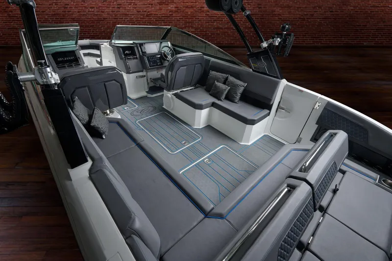 Slide: The Image of Manufacturer Provided Image: 2025 Cobalt R33 Surf boat interior with sleek seating and modern dashboard design. - 26