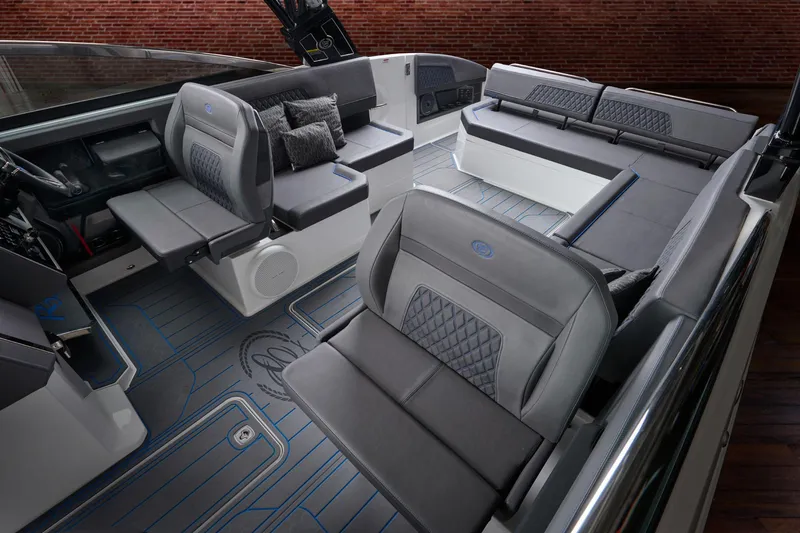 Slide: The Image of Manufacturer Provided Image: Luxurious interior of 2025 Cobalt R33 Surf boat with modern seating and sleek design. - 29