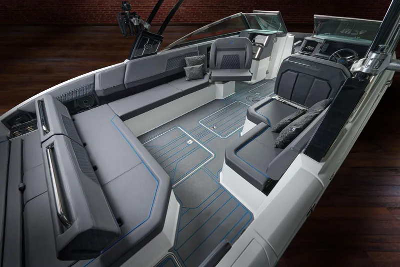 Slide: The Image of Manufacturer Provided Image: Luxurious interior of 2025 Cobalt R33 Surf boat with sleek seating and modern design. - 31