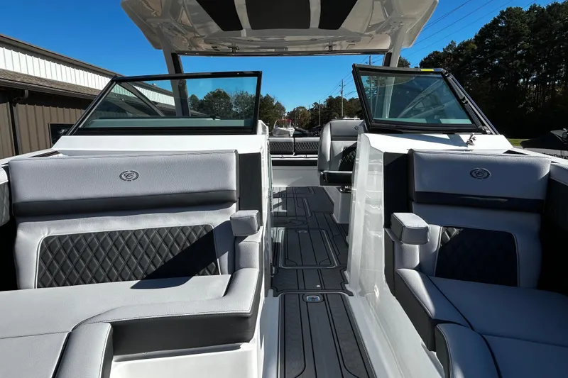 Slide: The Image of Luxurious interior of 2025 Cobalt R33 Surf boat with sleek seating and modern design. - 6