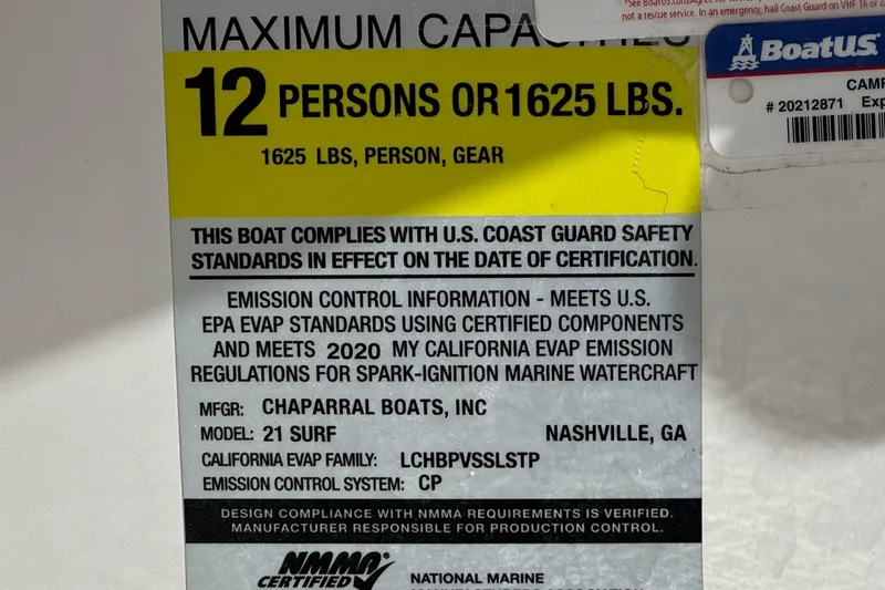 Slide: The Image of 2020 Chaparral 21 Surf boat capacity label, 12 persons or 1625 lbs, safety compliance. - 35