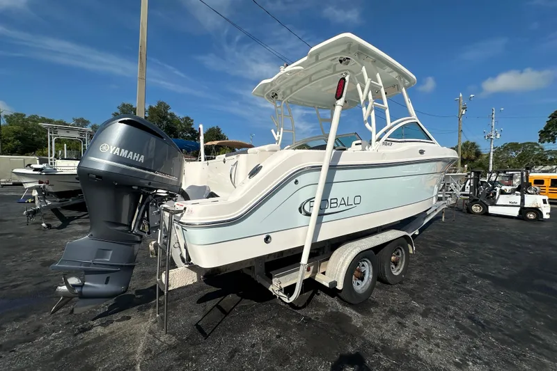 The Image of 2018 Robalo R247 Dual Console boat with Yamaha outboard engine on trailer. - 2