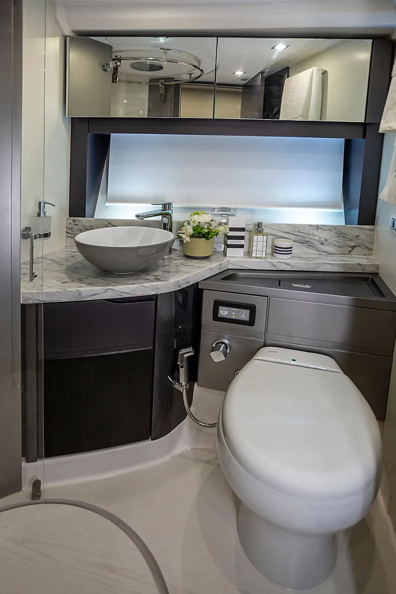 Slide: The Image of Luxurious bathroom in a 2027 Schaefer 600 yacht. - 23