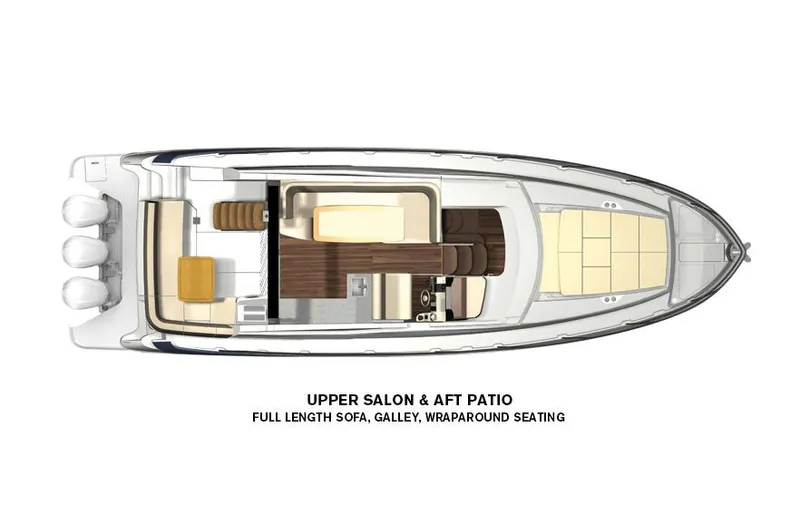Slide: The Image of Manufacturer Provided Image: Top view of 2022 Regal 42 FXO yacht layout with upper salon and aft patio. - 46