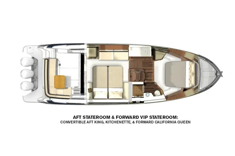 Slide: The Image of Manufacturer Provided Image: 2022 Regal 42 FXO yacht layout with aft stateroom, forward VIP stateroom, kitchenette, and convertible aft king bed. - 47