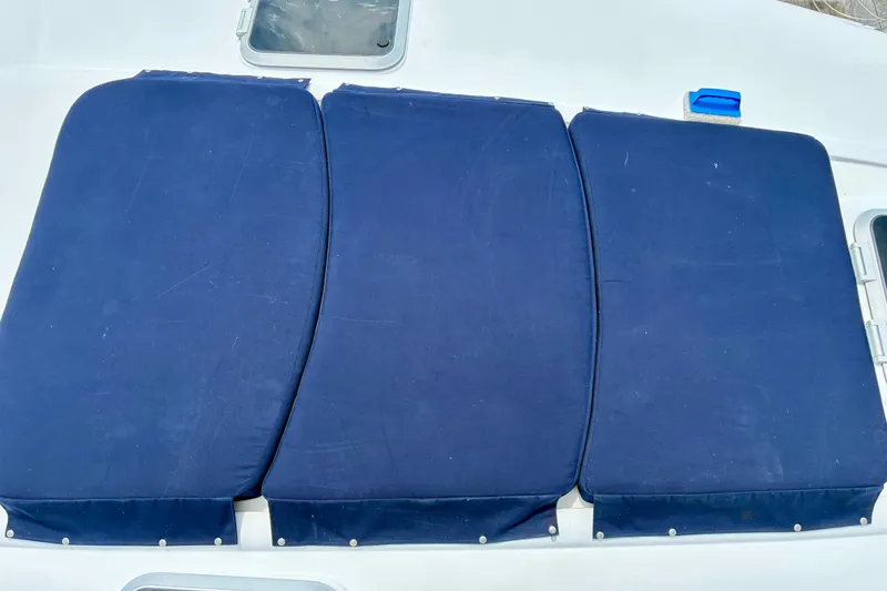 Slide: The Image of Blue sun pads on a 2006 Rinker 390 Express Cruiser deck. - 19