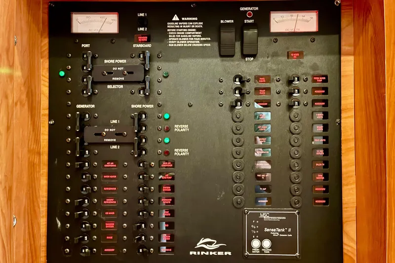 Slide: The Image of Electrical control panel of a 2006 Rinker 390 Express Cruiser with various switches and indicators. - 35