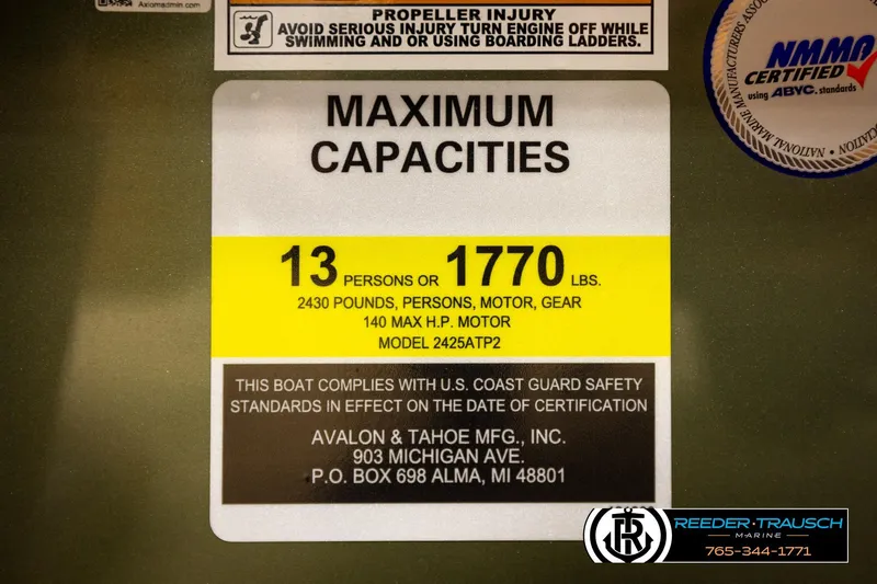 Slide: The Image of 2023 Avalon VEN CR boat capacity label: 13 persons or 1770 lbs, 2430 lbs total. - 59