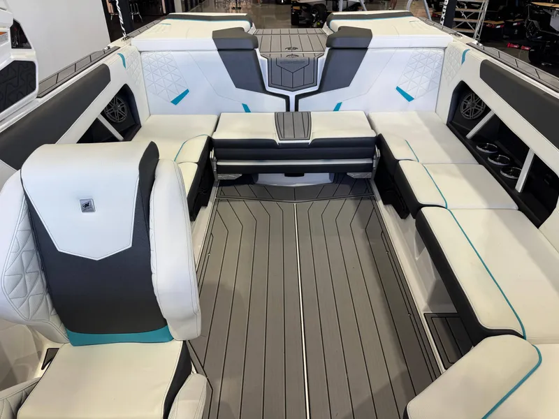 Slide: The Image of Interior of a modern boat with stylish white and gray seating. - 22
