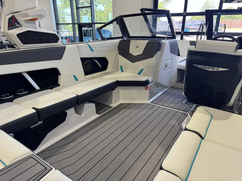 Slide: The Image of Interior of a modern boat with stylish seating and gray flooring. - 14