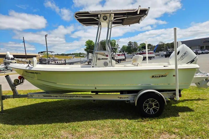 Slide: The Image of 2022 Bulls Bay 2000 boat on trailer, displayed outdoors under a clear blue sky. - 6