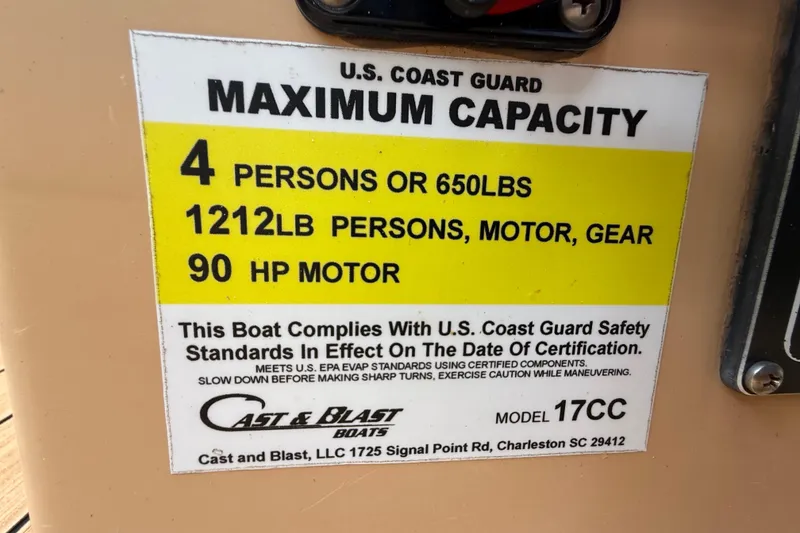 Slide: The Image of 2018 Cast and Blast 17CC boat capacity label, 4 persons, 650 lbs, 90 HP motor. - 14