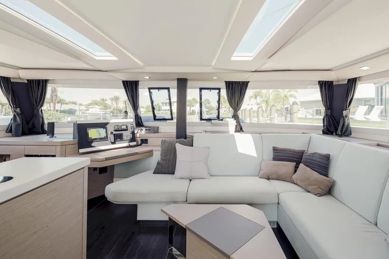 Slide: The Image of Luxurious interior of 2020 Fountaine Pajot Saona 47 catamaran with modern furnishings. - 39