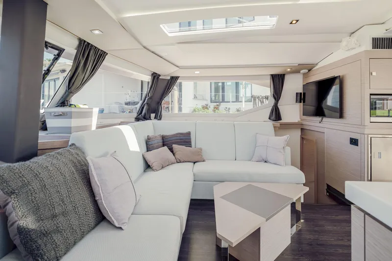 Slide: The Image of Luxurious interior of 2020 Fountaine Pajot Saona 47 catamaran with modern furnishings and elegant design. - 42