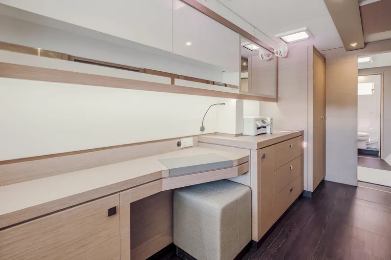 Slide: The Image of Modern interior of 2020 Fountaine Pajot Saona 47 yacht with sleek wooden cabinetry. - 53