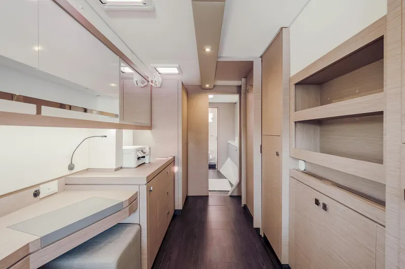 Slide: The Image of Modern interior of 2020 Fountaine Pajot Saona 47 yacht, featuring sleek cabinetry and elegant design. - 54
