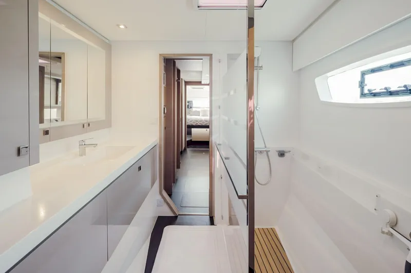 Slide: The Image of Luxurious bathroom interior of 2020 Fountaine Pajot Saona 47 catamaran, featuring modern fixtures and spacious design. - 56