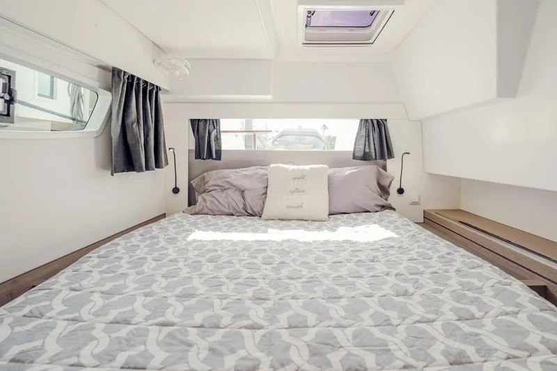 Slide: The Image of Luxurious cabin interior of 2020 Fountaine Pajot Saona 47 catamaran with cozy bedding. - 64