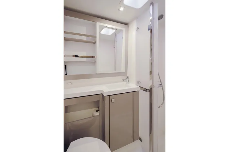 Slide: The Image of Modern bathroom interior of 2020 Fountaine Pajot Saona 47 yacht, featuring sleek design and fixtures. - 65