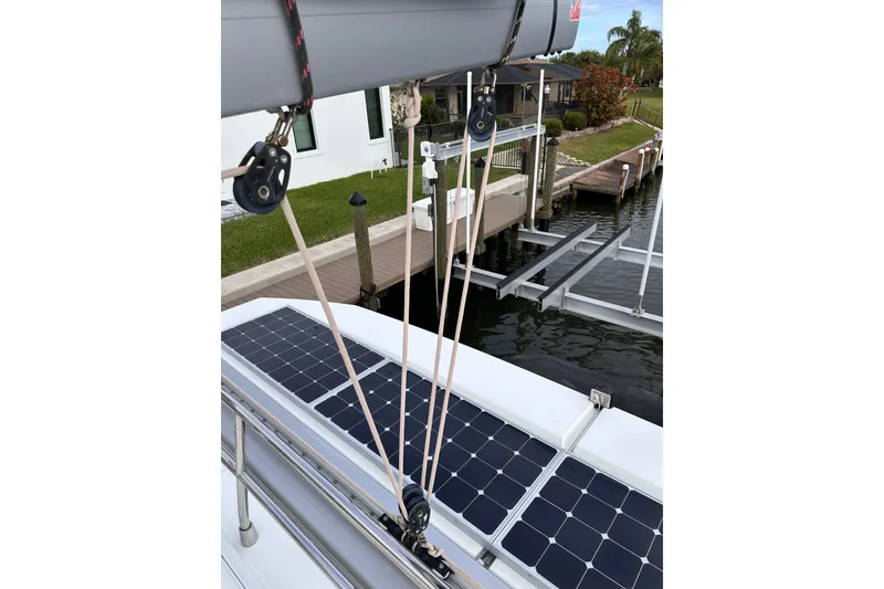 Slide: The Image of 2020 Fountaine Pajot Saona 47 catamaran with solar panels and rigging at dock. - 86