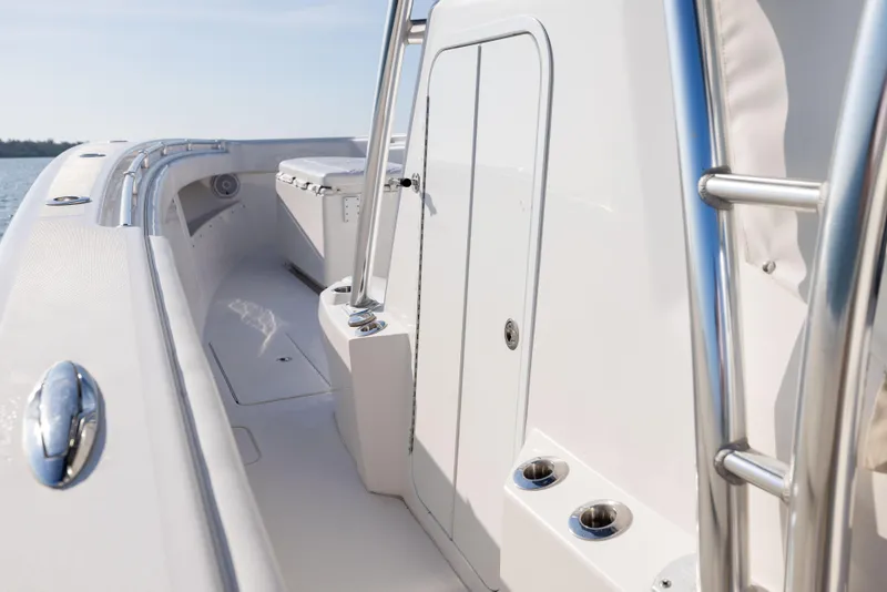 Slide: The Image of 2015 Invincible 39 Open Fisherman boat deck with sleek design and stainless steel features. - 24