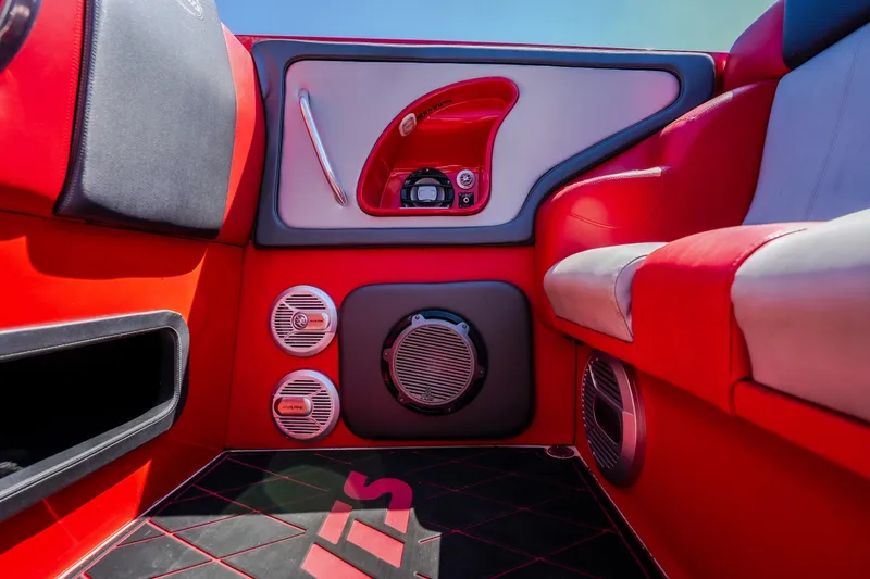 Slide: The Image of Red and gray interior of 2004 Outerlimits 42 Legacy boat with audio system. - 18