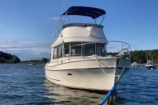 Slide: The Image of 2005 Camano Trawler boat on water, clear sky, scenic background. - 36