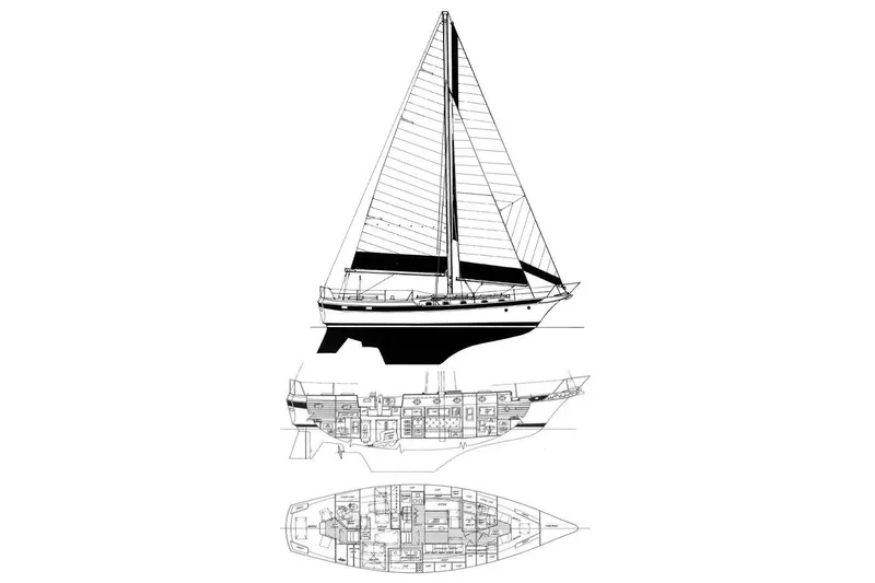 Slide: The Image of Blueprint of a 1978 CSY 44 sailboat, showcasing side and top views with detailed interior layout. - 42