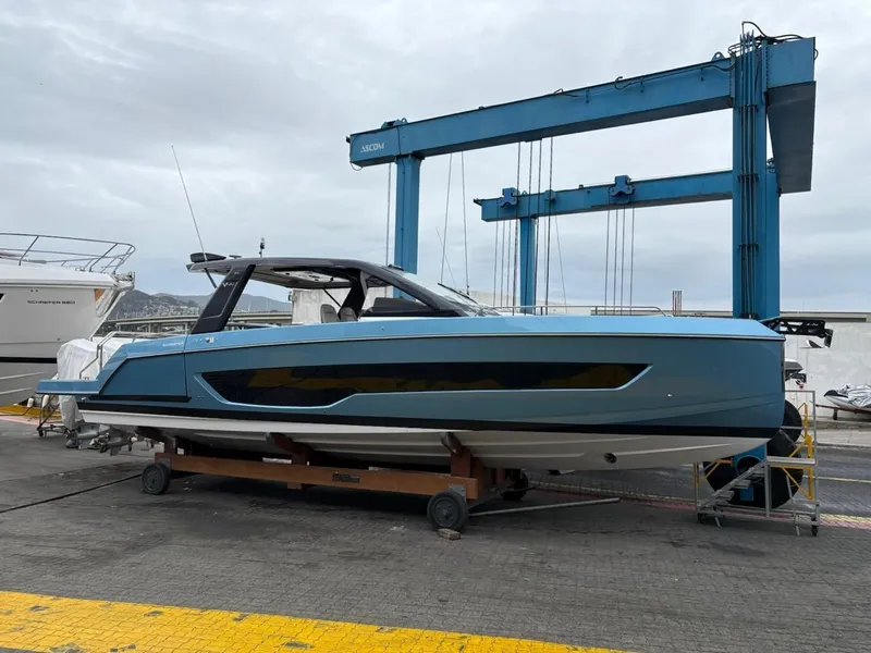 The Image of Schaefer V44 Yacht 2026 in shipyard, blue design. - 0