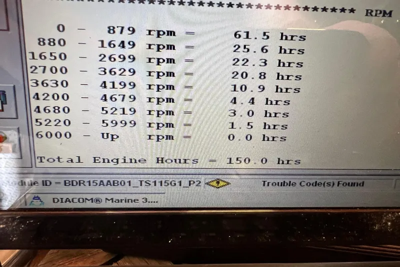 Slide: The Image of RPM usage chart for 2019 Boston Whaler 170 Montauk, showing total engine hours: 150. - 22