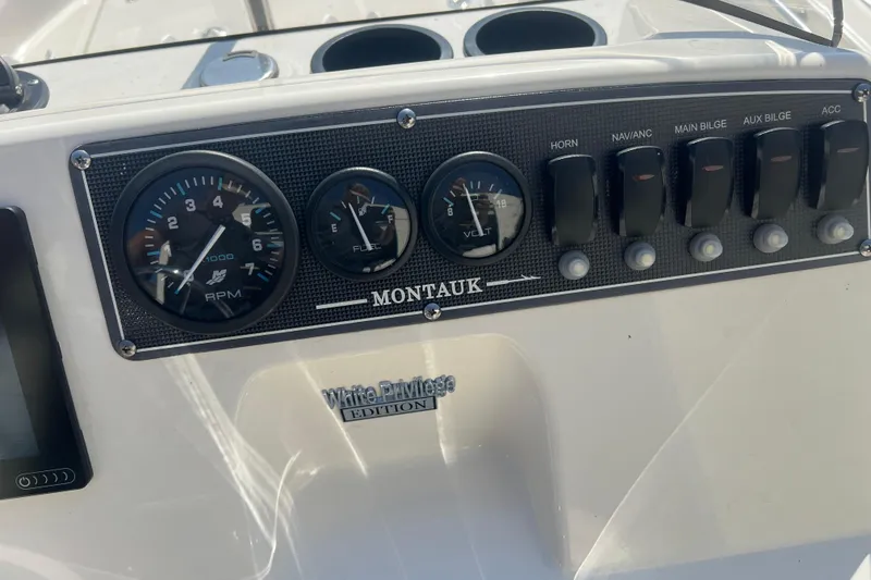 Slide: The Image of Dashboard of a 2019 Boston Whaler 170 Montauk boat with gauges and switches. - 24