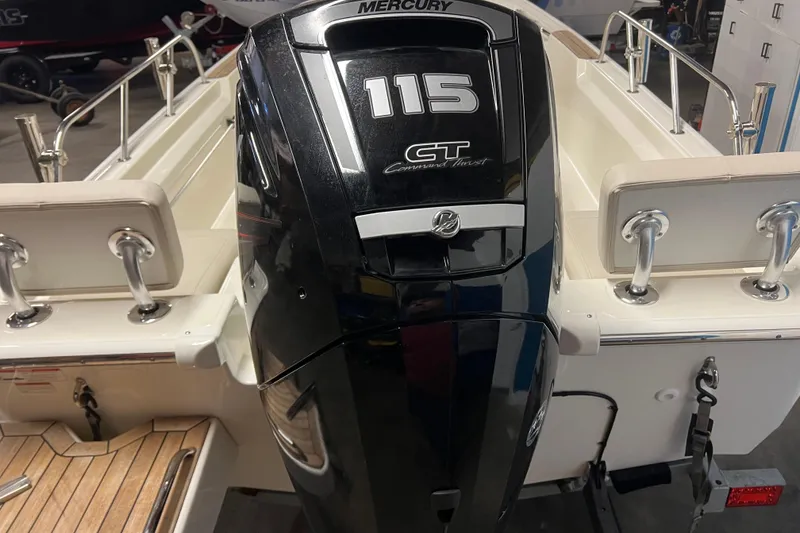 Slide: The Image of 2019 Boston Whaler 170 Montauk with Mercury 115 CT outboard engine, rear view. - 6