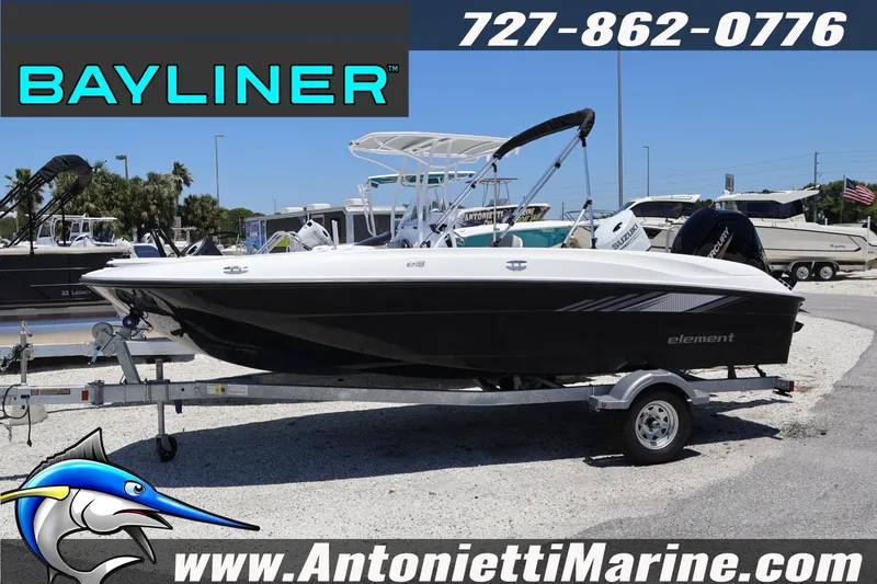 The Image of 2026 Bayliner Element E18 boat on trailer at Antonietti Marine dealership. - 1