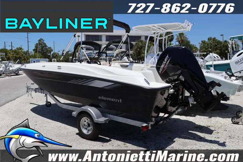 Slide: The Image of 2026 Bayliner Element E18 boat on trailer at Antonietti Marine dealership. - 3