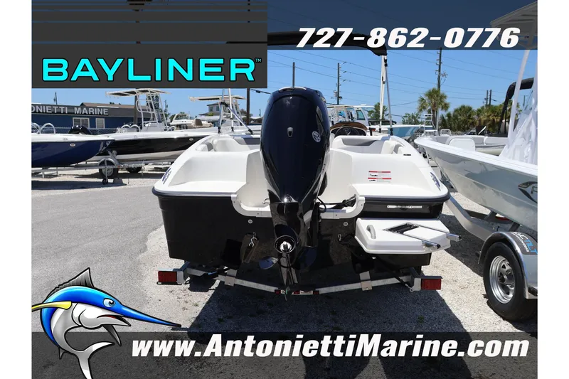 Slide: The Image of 2026 Bayliner Element E18 boat displayed at Antonietti Marine dealership. - 4