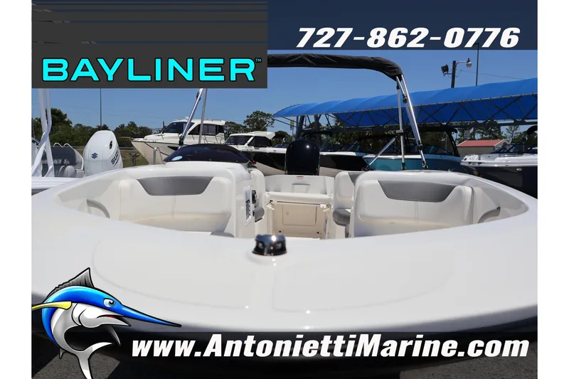 Slide: The Image of 2026 Bayliner Element E18 boat displayed at Antonietti Marine dealership. - 6