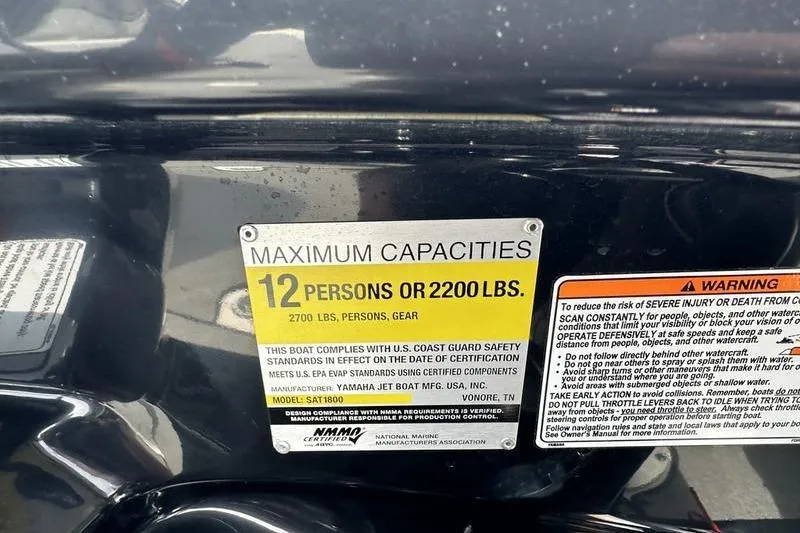 Slide: The Image of 2020 Yamaha Boats SX240 capacity label, maximum 12 persons or 2200 lbs. - 13