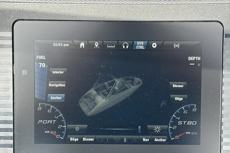 Slide: The Image of Dashboard display of a 2020 Yamaha Boats SX240, showing fuel and system controls. - 34