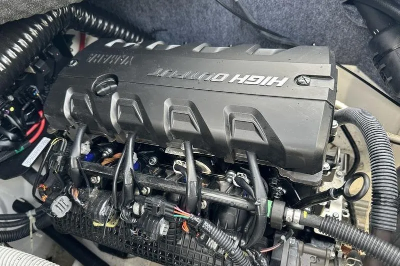 Slide: The Image of 2020 Yamaha Boats SX240 engine compartment showcasing high output engine components. - 44